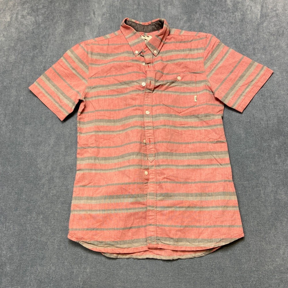 Vans off the Wall Shirt Mens Small Pink Gray Striped Button-Down Short Sleeve